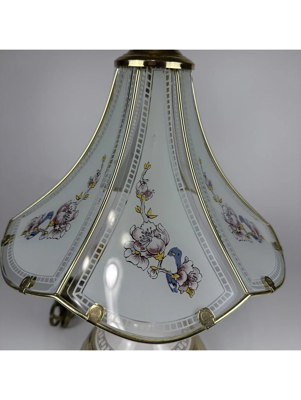 Vintage 3 Way Touch Lamp 6 Panel Glass Blue Bird Floral Brass Table Light 16x10